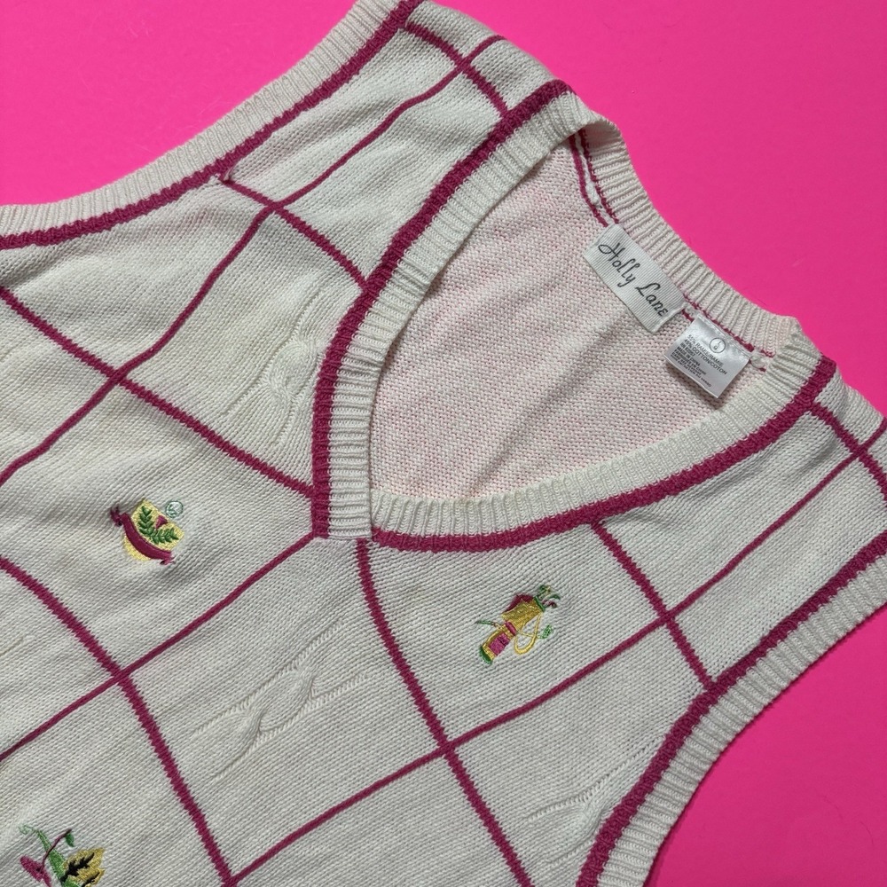 Holly Lane White V Neck Sweater Vest Golf Embroider Preppy Club Academia Large